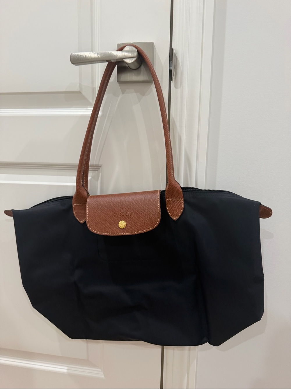 Longchamp Black Tote with Brown Leather Trim